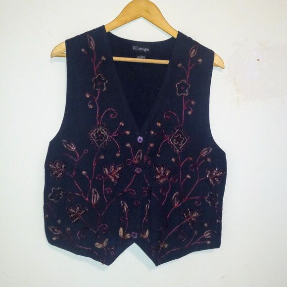 Vintage D.D. Designs Embroidered Beaded Vest-Large-Button Front-Tie Back-Navy - Picture 1 of 8